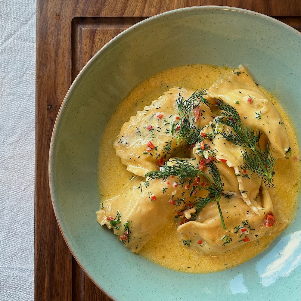 A RECIPE FOR PRAWN AND CHILLI AGNOLOTTI WITH DILL CREAM SAUCE